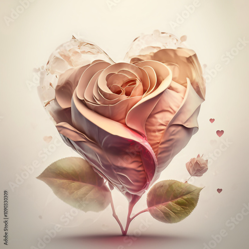 A rose with a heart shape is surrounded by leaves