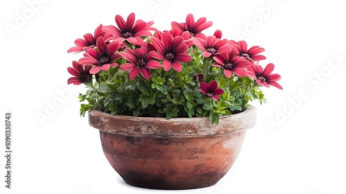 A terracotta pot overflowing with vibrant red flowers against a clean white background. AI Generated