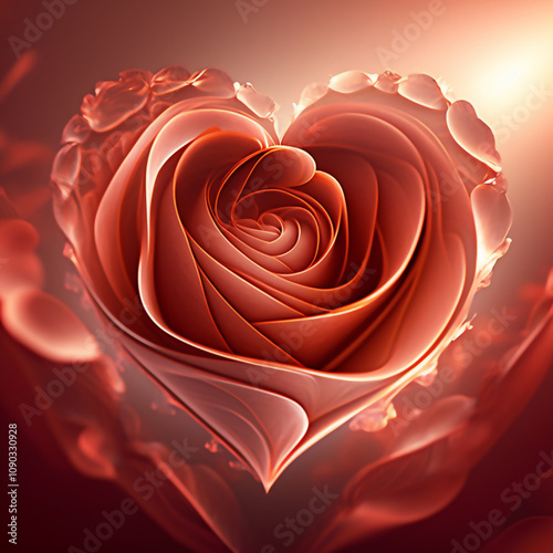 A red rose with a heart shape is the main focus of the image