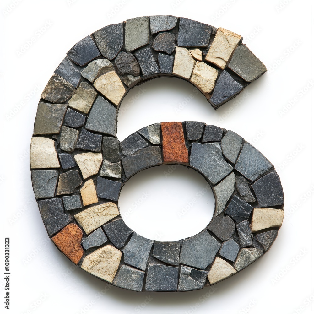 Naklejka premium A decorative numeral six crafted from various stone pieces, showcasing texture and design.