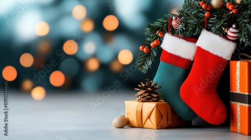 Cozy festive Christmas scene with pine tree red Christmas socks wrapped gifts and sparkling lights on blurred bokeh background  Warm and joyful holiday season concept photo