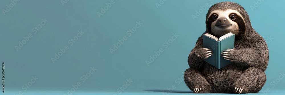 Obraz premium A cheerful sloth reading a book against a simple blue background.