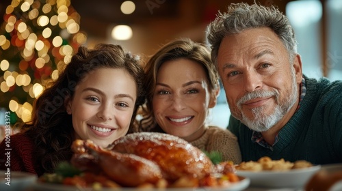 Family Gathered Around Dining Table Enjoying Traditional Christmas Dinner with Roasted Turkey Warm Lighting and Festive Holiday Decor in Cozy Home Setting