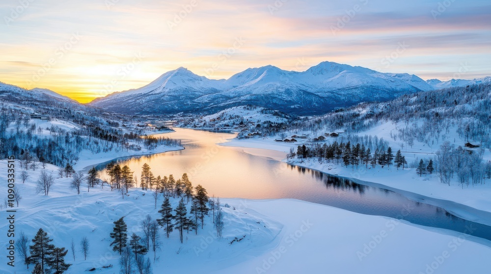 Breathtaking snowy winter landscape with majestic mountain peaks reflected in a frozen lake surrounded by a serene boreal forest at sunrise  Peaceful tranquil