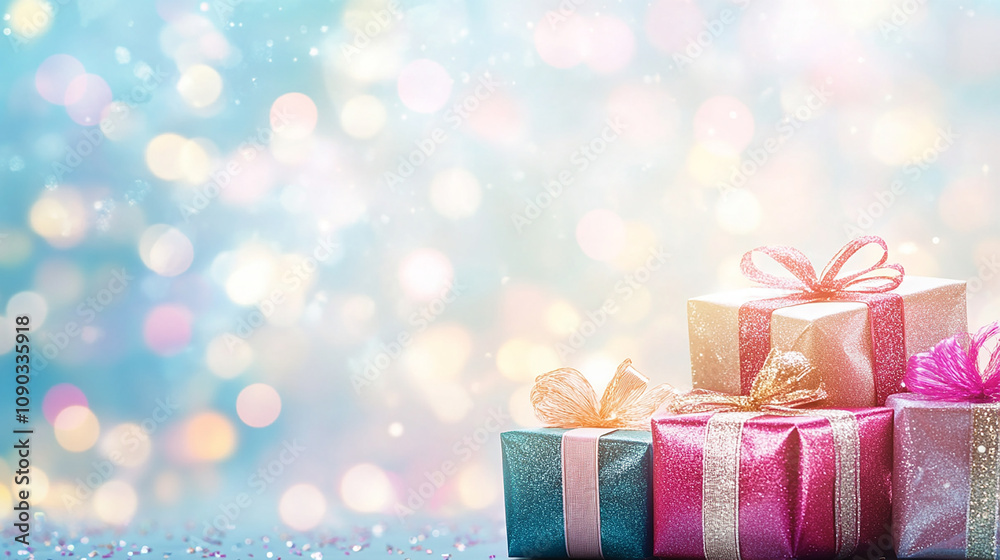 Fototapeta premium A stack of colorful wrapped gifts with pink and gold ribbons on a light blue background with bokeh lights and glitter.