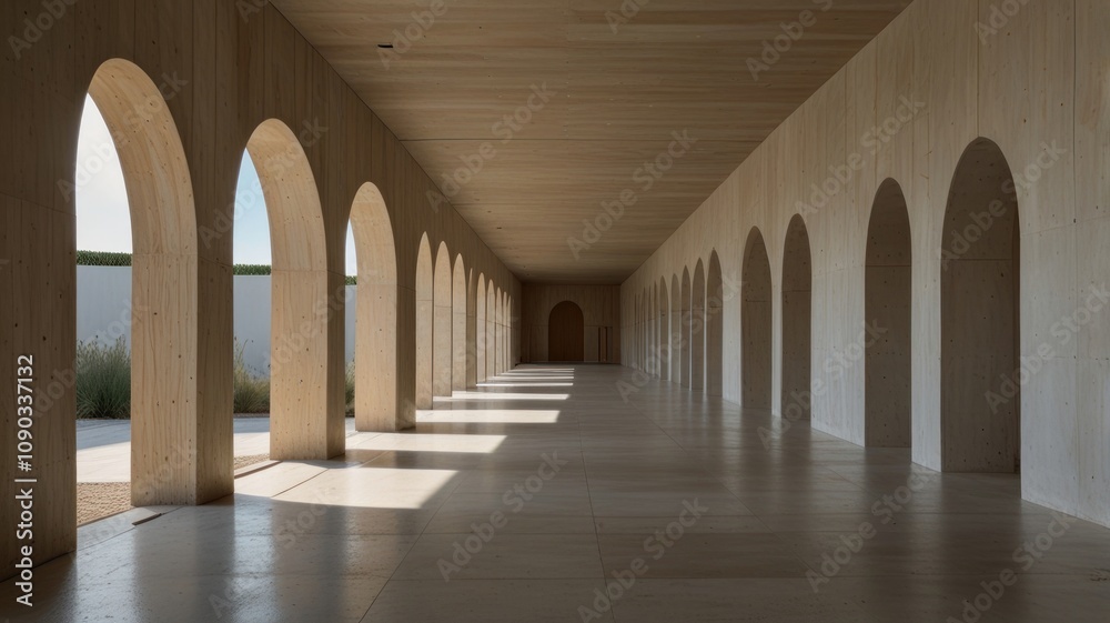 Fototapeta premium Here's a description and keywords for your stock photo.. Sunlit arcade with arched wood structure and light stone floor.