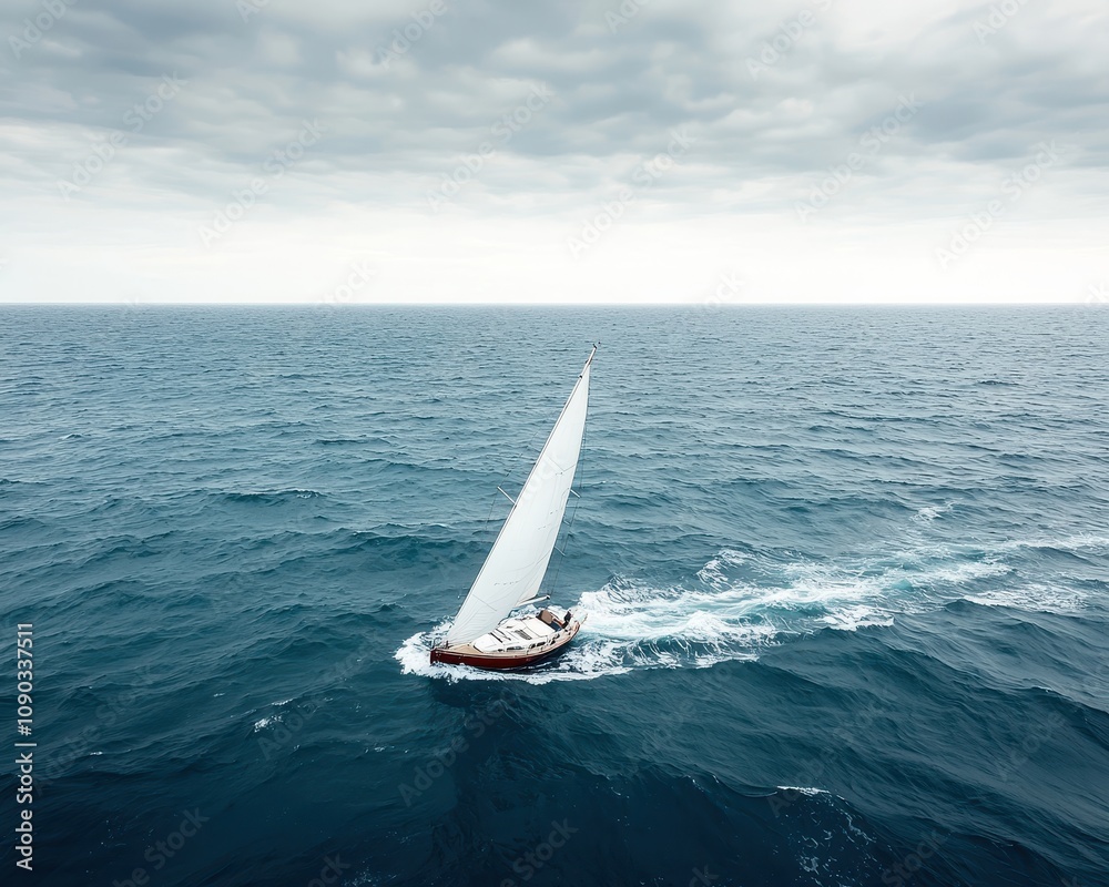 Obraz premium A solitary sailboat glides through calm, deep blue waters under a cloudy sky, creating gentle waves around it.