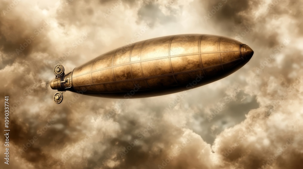 Naklejka premium A large airship flying through a cloudy sky