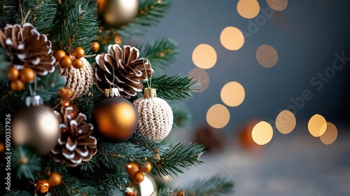 Festive Christmas tree decorated with shiny golden and bronze ornaments pine cones and twinkling lights against a blurred cozy background