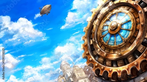 Wallpaper Mural A clock tower with a hot air balloon flying in the sky Torontodigital.ca