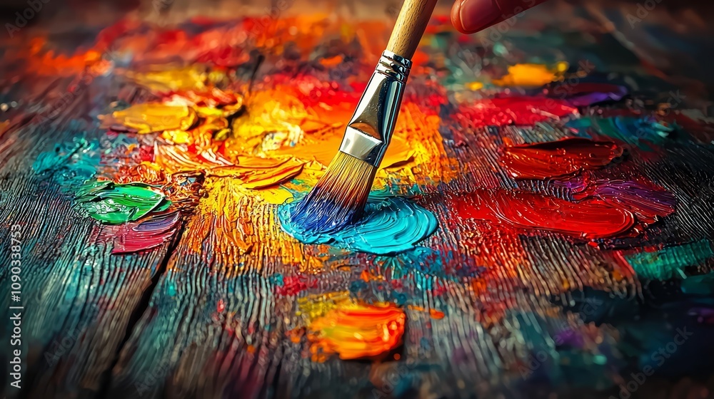 Obraz premium A person holding a paintbrush over a colorful palette