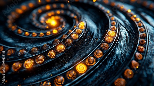 A close up of a spiral design on a black background