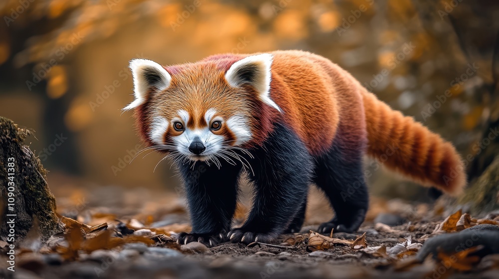 Fototapeta premium A red panda is seen navigating a lush autumn forest, its reddish-brown fur harmonizing beautifully with the warm earthy tones of the fallen leaves. A picturesque scene for nature and wildlife 