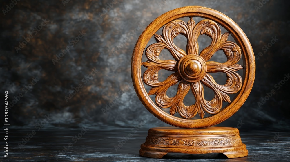Obraz premium Vintage Polished Wooden Spinning Wheel - Hyper Realistic 3D Illustration