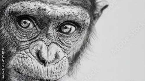 Intense Black and White Monkey Portrait Detailed Sketch Primate Face Wildlife Art Animal Close Up