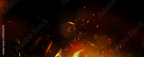 Glowing fire sparks rise on dark background. Bright embers scatter upward from luminous base. Realistic vector fiery backdrop with flame flash elements for depicting heat, danger or energetic effects.