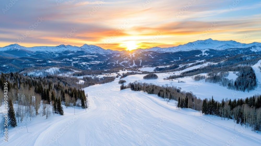 Obraz premium Stunning winter mountain landscape with snowy slopes pine trees and a colorful sunset sky at a popular ski resort Scenic outdoor adventure and recreation in a peaceful serene natural setting