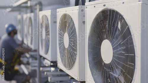 A detailed view of an HVAC technician installing air conditioning units on a commercial building rooftop, Commercial HVAC installation scene, Technical and precise style photo