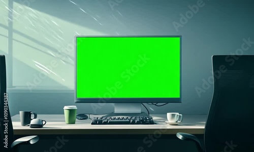 Empty office and computer monitor with green sreen on the table. Generative AI photo