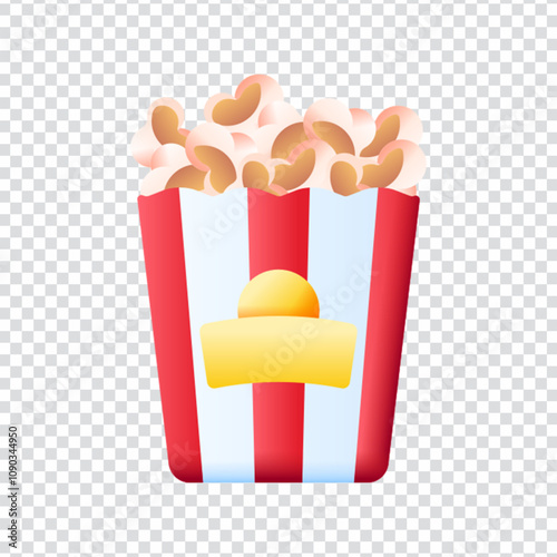 Fun and eye-catching vector illustration of a striped popcorn box filled with fluffy popped kernels. Designed in a clean, flat style, this icon is perfect for movie night themes, cinema ads, snack bra