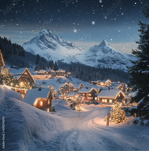 A serene winter landscape in the mountains, with snow-covered peaks and rolling hills. Small, cozy houses are dotted along the slopes, each adorned with colorful Christmas lights that softly glow  photo