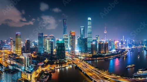 Wallpaper Mural A dynamic city skyline with skyscrapers and busy streets at night, Urban cityscape scene, Contemporary urban style Torontodigital.ca