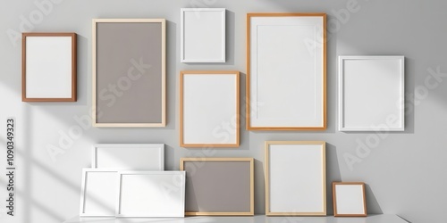 A mockup of a gallery wall filled with various photo frames in different sizes and styles, picture, empty frames