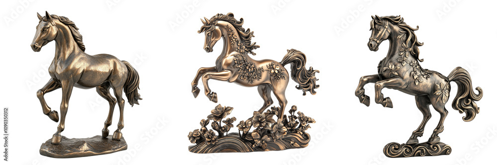 Fototapeta premium Collection of A 3D horse figurine, a bronze statue of a jumping wild stallion with floral ornaments, on Transparent PNG Background. Generative AI 