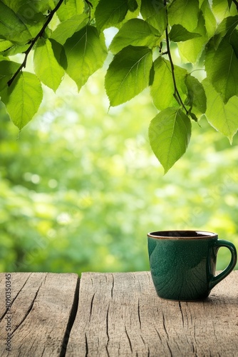  Una taza verde colocada sobre una mesa de madera, rodeada por hojas verdes y un fondo borroso de naturaleza al aire libre.
