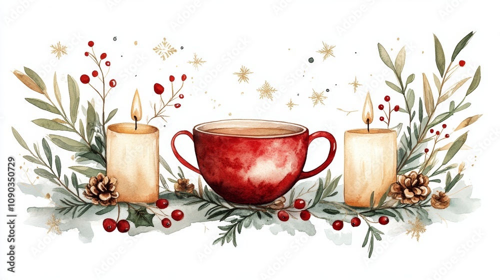Fototapeta premium Chinese tea ritual New Year celebrates harmony and warmth, featuring aromatic tea surrounded by candles and festive greenery for a cozy ambiance