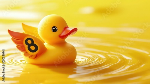 A cute rubber duck with a bold number 8 design on its wings, floating on a bright yellow background, surrounded by soft ripples in a puddle photo