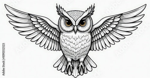 Majestic Owl Spreading Its Wings in Detailed Line Art Illustration photo