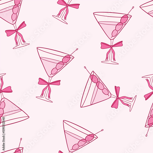 Seamless Pink Martini Cocktails Pattern With Bowtie Accents