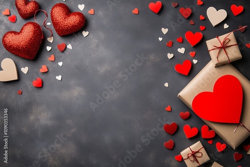  Cajas de regalo decoradas con corazones rojos y blancos de diferentes tamaños sobre una superficie oscura. Ideal para el Día de San Valentín.
 photo