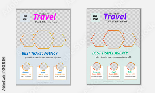 Creative Clean and Modern Business flyer design and Vacation travel brochure flyer design template. Tour and travel social media banner post template for travelling business marketing.  