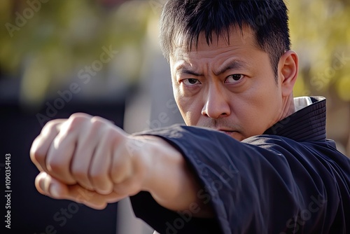 A Man in a Black Uniform Prepares to Strike a Punch photo