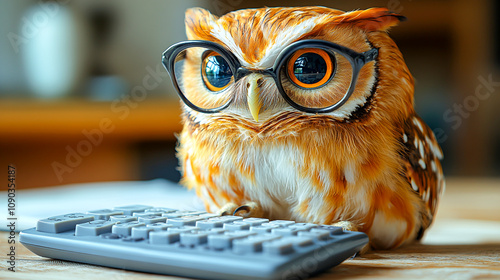 Owlish Character with Glasses and Keyboard photo