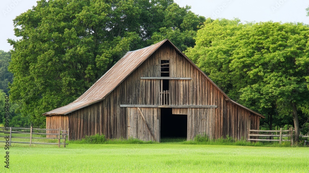 Obraz premium Rustic Wooden Barn in a Green Field