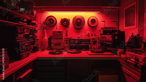 Vintage Recording Studio Environment with Turntables and Equipment Bathed in Warm Red Light, Perfect for Music Lovers and Sound Design Creators photo