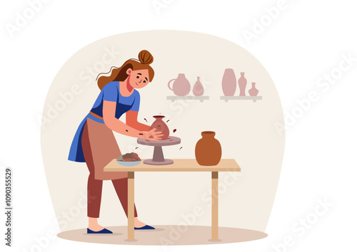 Vector illustration of a Woman standing and crafting clay pots on a table. Traditional pottery making concept. Indian handicraft, and cultural art.