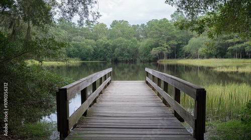 Serene Wooden Bridge Over a Calm Lake photo