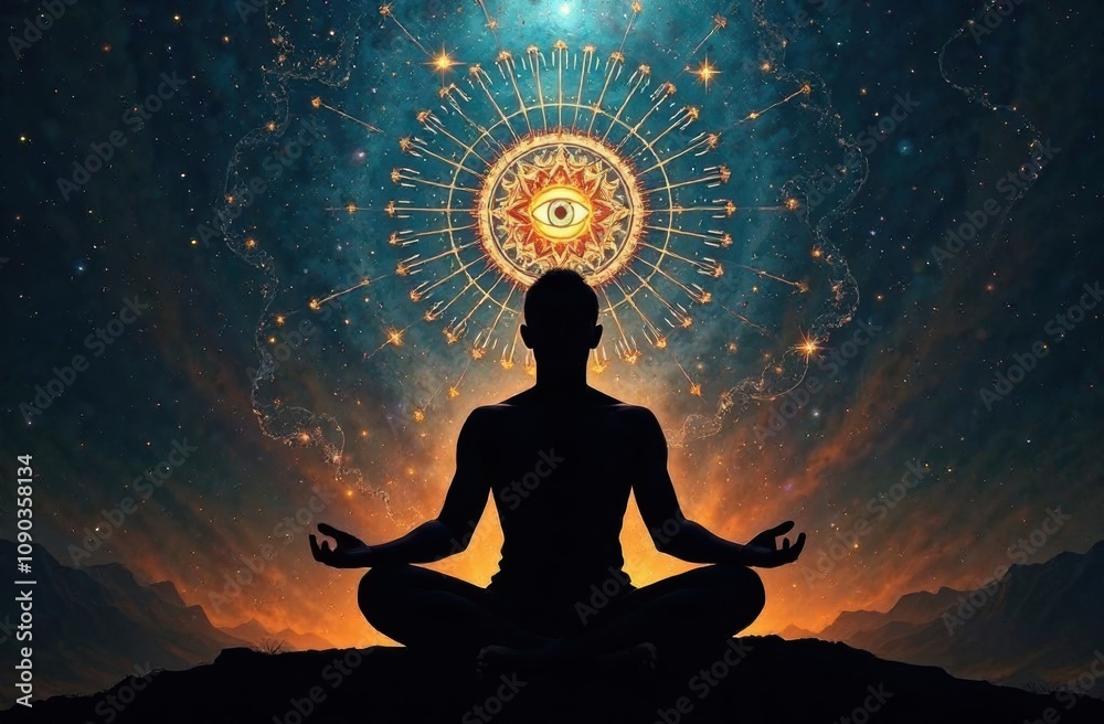 Silhouette of a person meditating with cosmic patterns, a glowing eye symbol, and celestial energy radiating in a starry sky, symbolizing mindfulness and spiritual awakening Silhouette of a person meditating with cosmic patterns, a glowing eye symbol, and celestial energy radiating in a starry sky, symbolizing mindfulness and spiritual awakening