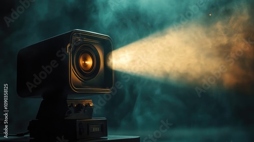 Vintage Film Projector Casting Bright Light Through Misty Atmosphere with Dramatic Lighting and Soft Smoke in the Background photo