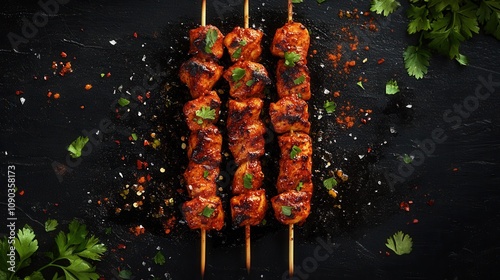 Grilled Chicken Tikka Skewers Spices Herbs Food Photography