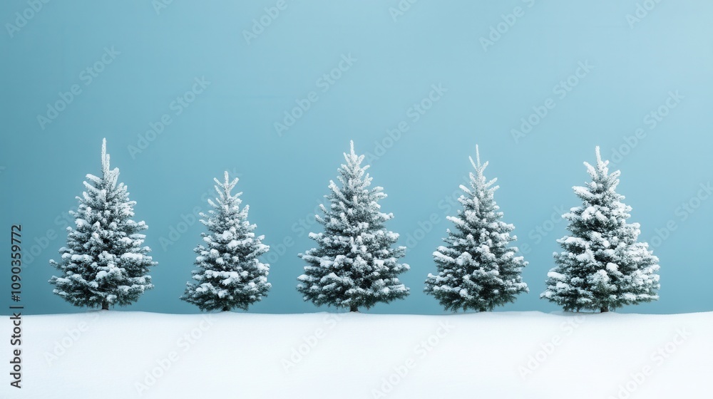 Obraz premium Serene Winter Scene Five Snow Covered Pine Trees