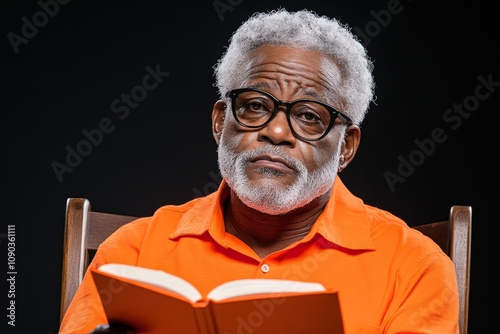 A thoughtful portrait of an African American poet reciting verses on a small stage, lit with soft warm lighting photo