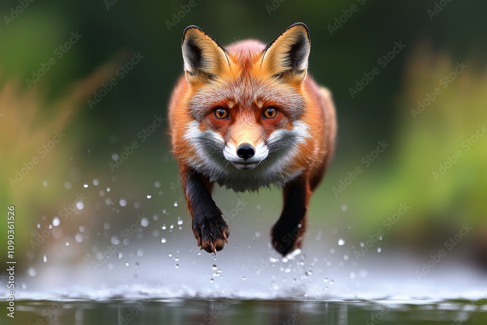 Fototapeta premium Agility in the wild as a fox leaps over a stream in pursuit of prey