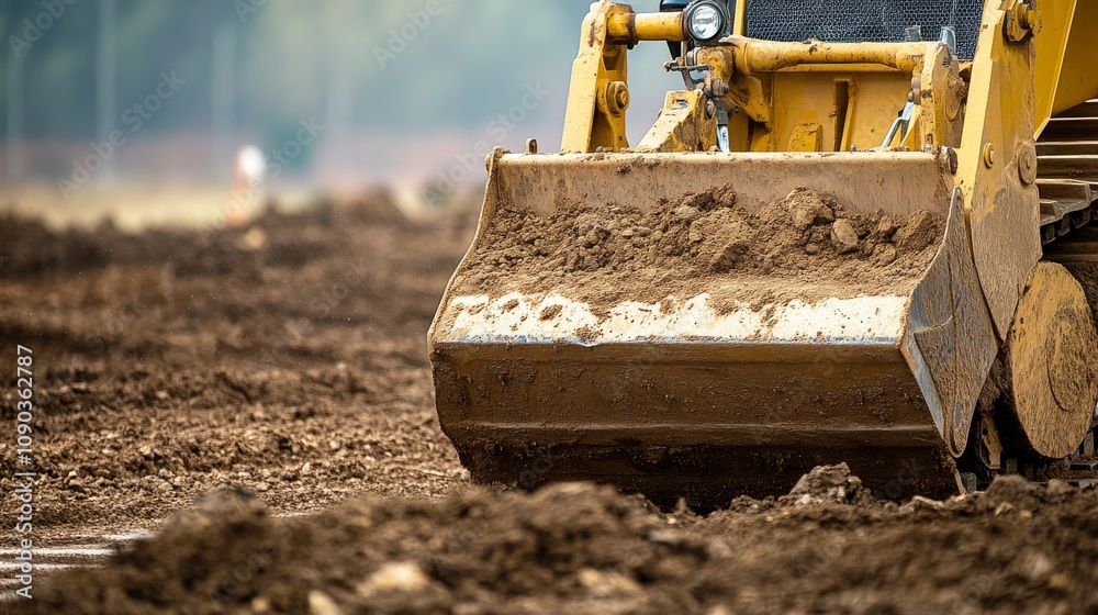 Fototapeta premium A focused shot of a heavy equipment operator maneuvering a bulldozer at an earthmoving site, Earthmoving scene, Powerful and controlled style