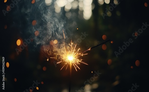 Sparkler Glowing Brightly in the Darkness of a Forest, Radiating Light and Creating a Magical Atmosphere with Bokeh Background and Ambient Light Effects photo