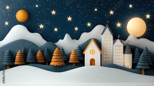 Enchanting mountain village nestled in snow capped peaks illuminated by a starry winter night sky with a crescent moon  Quaint residential buildings and evergreen trees create a magical photo